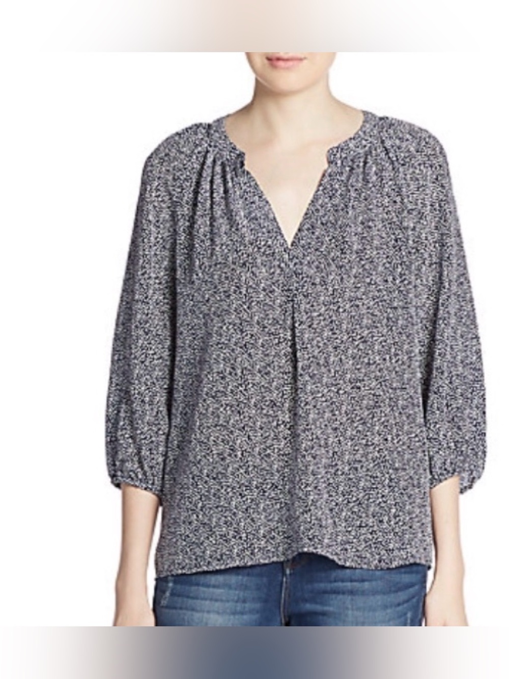 JOIE - Addie 3/4 Sleeve Split Neck 100% Silk Blouse black/white